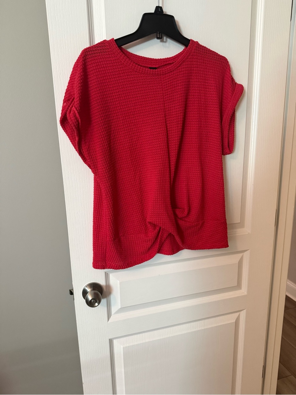 Red Waffle Knit Twist-Front Women’s Top